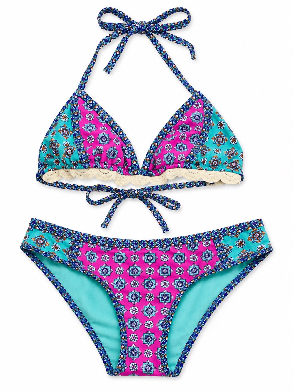 Pink Turquoise Blue Geometric Crochet Trim Triangle Bikini Set Size M Boho Y2K
